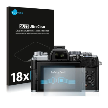 Vorderseite einer Produktverpackung mit dem Markenlogo Savvies. Daneben ist das Gerät Olympus OM-D E-M5 Mark III mit dem zugeh