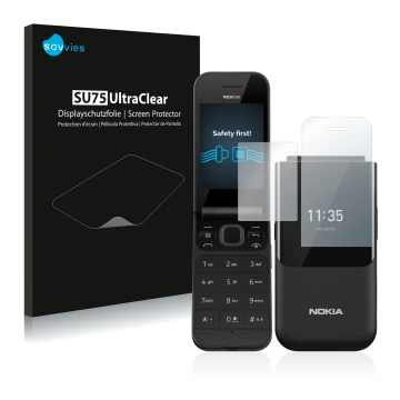 Vorderseite einer Produktverpackung mit dem Markenlogo Savvies. Daneben ist das Gerät Nokia 2720 Flip mit dem zugehörigen Disp