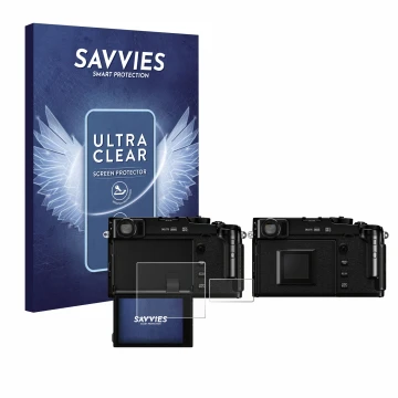 Vorderseite einer Produktverpackung mit dem Markenlogo Savvies. Daneben ist das Gerät Fujifilm X-Pro3 mit dem zugehörigen Disp