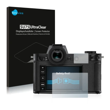 Vorderseite einer Produktverpackung mit dem Markenlogo Savvies. Daneben ist das Gerät Leica SL2 mit dem zugehörigen Displaysch