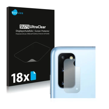 Vorderseite einer Produktverpackung mit dem Markenlogo Savvies. Daneben ist das Gerät Samsung Galaxy S20 (NUR Kameraschutz) mi