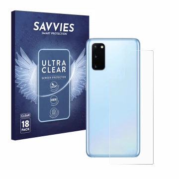 Vorderseite einer Produktverpackung mit dem Markenlogo Savvies. Daneben ist das Gerät Samsung Galaxy S20 (Rückseite) mit dem z