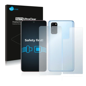 Vorderseite einer Produktverpackung mit dem Markenlogo Savvies. Daneben ist das Gerät Samsung Galaxy S20 (Display+Rückseite) m