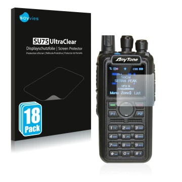 Vorderseite einer Produktverpackung mit dem Markenlogo Savvies. Daneben ist das Gerät AnyTone AT-D878UV mit dem zugehörigen Di