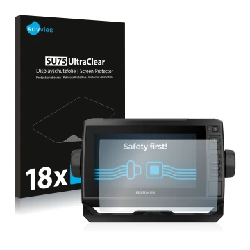 Vorderseite einer Produktverpackung mit dem Markenlogo Savvies. Daneben ist das Gerät Garmin ECHOMAP UHD 72cv mit dem zugehöri