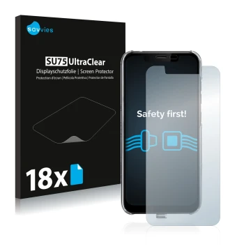 Vorderseite einer Produktverpackung mit dem Markenlogo Savvies. Daneben ist das Gerät Gigaset GS195LS mit dem zugehörigen Disp