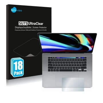 Vorderseite einer Produktverpackung mit dem Markenlogo Savvies. Daneben ist das Gerät Apple MacBook Pro 16