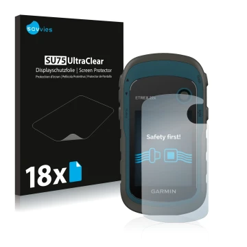 Vorderseite einer Produktverpackung mit dem Markenlogo Savvies. Daneben ist das Gerät Garmin eTrex 22x mit dem zugehörigen Dis