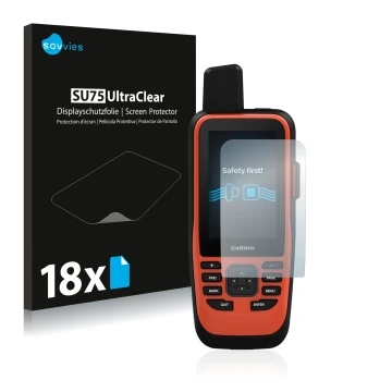 Vorderseite einer Produktverpackung mit dem Markenlogo Savvies. Daneben ist das Gerät Garmin GPSMAP 86i mit dem zugehörigen Di