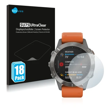 Vorderseite einer Produktverpackung mit dem Markenlogo Savvies. Daneben ist das Gerät Garmin Fenix 6 mit dem zugehörigen Displ