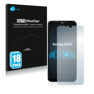 Vorderseite einer Produktverpackung mit dem Markenlogo Savvies. Daneben ist das Gerät Gigaset GS190 mit dem zugehörigen Displa