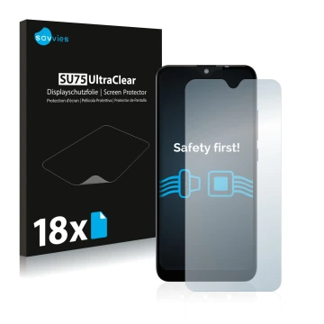 Vorderseite einer Produktverpackung mit dem Markenlogo Savvies. Daneben ist das Gerät Gigaset GS110 mit dem zugehörigen Displa