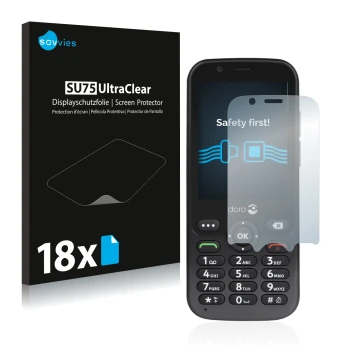 Vorderseite einer Produktverpackung mit dem Markenlogo Savvies. Daneben ist das Gerät Doro 7010 mit dem zugehörigen Displaysch