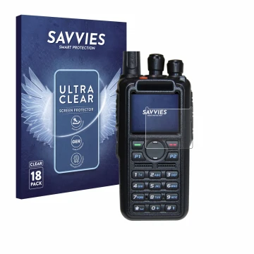 Vorderseite einer Produktverpackung mit dem Markenlogo Savvies. Daneben ist das Gerät AnyTone AT-D878UV Plus mit dem zugehörig
