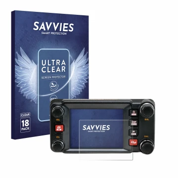 Vorderseite einer Produktverpackung mit dem Markenlogo Savvies. Daneben ist das Gerät Yaesu FTM-400XDR mit dem zugehörigen Dis