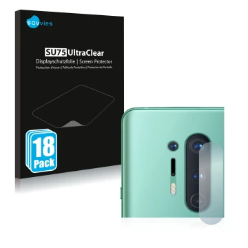 Vorderseite einer Produktverpackung mit dem Markenlogo Savvies. Daneben ist das Gerät OnePlus 8 Pro (NUR Kameraschutz) mit dem