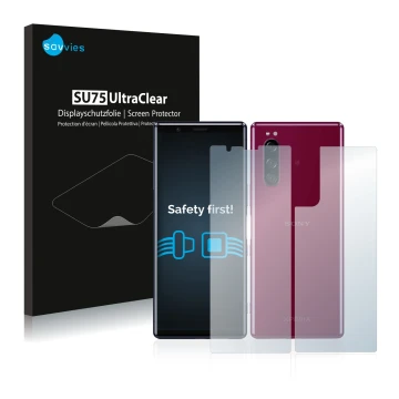 Vorderseite einer Produktverpackung mit dem Markenlogo Savvies. Daneben ist das Gerät Sony Xperia 5 (Display+Rückseite) mit de