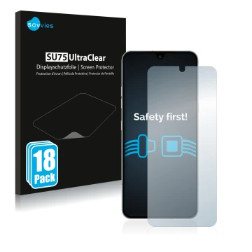 Vorderseite einer Produktverpackung mit dem Markenlogo Savvies. Daneben ist das Gerät LG V60 ThinQ mit dem zugehörigen Display