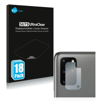 Vorderseite einer Produktverpackung mit dem Markenlogo Savvies. Daneben ist das Gerät Samsung Galaxy S20 Plus (NUR Kameraschut