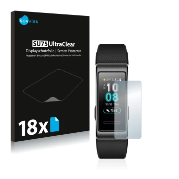 Vorderseite einer Produktverpackung mit dem Markenlogo Savvies. Daneben ist das Gerät Huawei Band 4 Pro mit dem zugehörigen Di