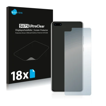 Vorderseite einer Produktverpackung mit dem Markenlogo Savvies. Daneben ist das Gerät Huawei P40 mit dem zugehörigen Displaysc