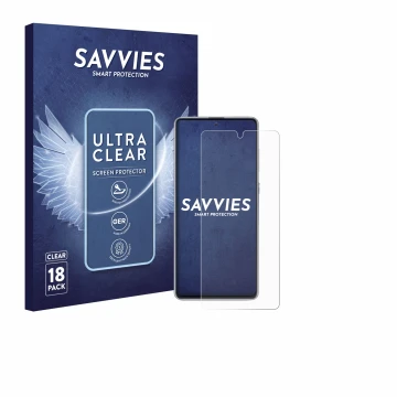 Vorderseite einer Produktverpackung mit dem Markenlogo Savvies. Daneben ist das Gerät Samsung Galaxy Note 10 Lite mit dem zuge
