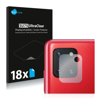 Vorderseite einer Produktverpackung mit dem Markenlogo Savvies. Daneben ist das Gerät Samsung Galaxy Note 10 Lite (NUR Kameras