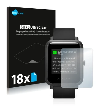 Vorderseite einer Produktverpackung mit dem Markenlogo Savvies. Daneben ist das Gerät Huami Amazfit Bip S mit dem zugehörigen 