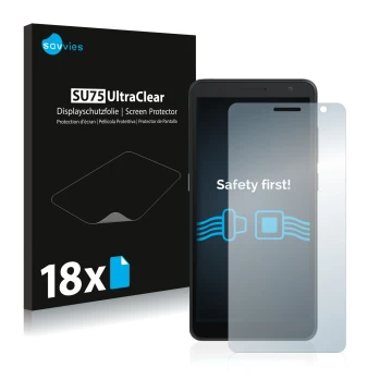 Vorderseite einer Produktverpackung mit dem Markenlogo Savvies. Daneben ist das Gerät Alcatel 1B 2020 mit dem zugehörigen Disp