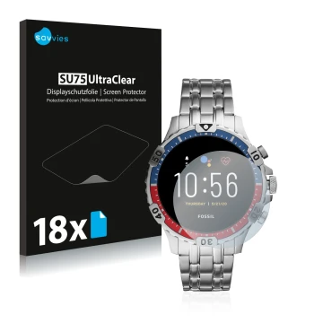 Vorderseite einer Produktverpackung mit dem Markenlogo Savvies. Daneben ist das Gerät Fossil Garrett HR (5. Gen) mit dem zugeh
