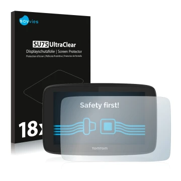 Vorderseite einer Produktverpackung mit dem Markenlogo Savvies. Daneben ist das Gerät TomTom Go Professional 520 mit dem zugeh