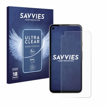 Vorderseite einer Produktverpackung mit dem Markenlogo Savvies. Daneben ist das Gerät Google Pixel 4a mit dem zugehörigen Disp