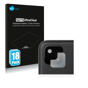 Vorderseite einer Produktverpackung mit dem Markenlogo Savvies. Daneben ist das Gerät Google Pixel 4a (NUR Kameraschutz) mit d