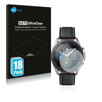 Vorderseite einer Produktverpackung mit dem Markenlogo Savvies. Daneben ist das Gerät Samsung Galaxy Watch 3 (41mm) mit dem zu