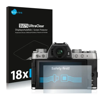 Vorderseite einer Produktverpackung mit dem Markenlogo Savvies. Daneben ist das Gerät Fujifilm X-T200 mit dem zugehörigen Disp