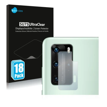 Vorderseite einer Produktverpackung mit dem Markenlogo Savvies. Daneben ist das Gerät Huawei P40 Pro (NUR Kameraschutz) mit de