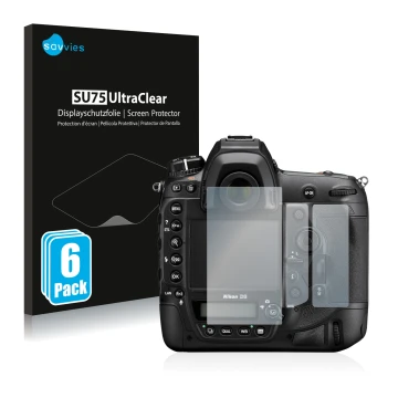 Vorderseite einer Produktverpackung mit dem Markenlogo Savvies. Daneben ist das Gerät Nikon D6 mit dem zugehörigen Displayschu