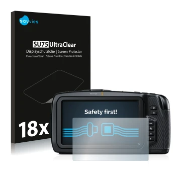 Vorderseite einer Produktverpackung mit dem Markenlogo Savvies. Daneben ist das Gerät Blackmagic Pocket Cinema Camera 6K mit d