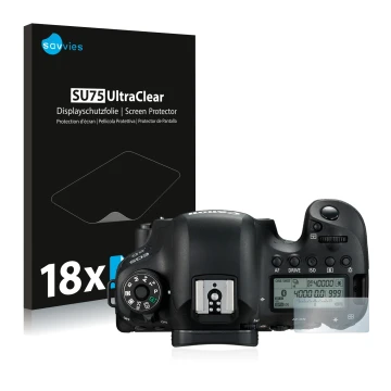 Vorderseite einer Produktverpackung mit dem Markenlogo Savvies. Daneben ist das Gerät Canon EOS 6D (Schulterdisplay) mit dem z