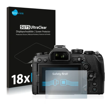 Vorderseite einer Produktverpackung mit dem Markenlogo Savvies. Daneben ist das Gerät Olympus OM-D E-M1 Mark III mit dem zugeh