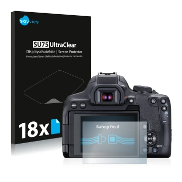 Vorderseite einer Produktverpackung mit dem Markenlogo Savvies. Daneben ist das Gerät Canon EOS 850D mit dem zugehörigen Displ