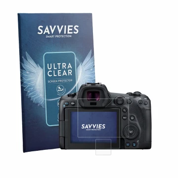 Vorderseite einer Produktverpackung mit dem Markenlogo Savvies. Daneben ist das Gerät Canon EOS R5 mit dem zugehörigen Display