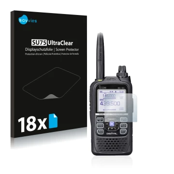 Vorderseite einer Produktverpackung mit dem Markenlogo Savvies. Daneben ist das Gerät Icom ID-51E Plus 2 mit dem zugehörigen D