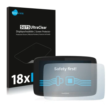 Vorderseite einer Produktverpackung mit dem Markenlogo Savvies. Daneben ist das Gerät TomTom Go Professional 6200 mit dem zuge