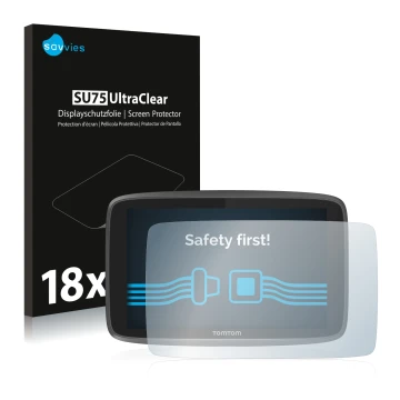 Vorderseite einer Produktverpackung mit dem Markenlogo Savvies. Daneben ist das Gerät TomTom Go Professional 6250 mit dem zuge