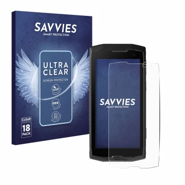 Vorderseite einer Produktverpackung mit dem Markenlogo Savvies. Daneben ist das Gerät Crosscall Core M4 mit dem zugehörigen Di