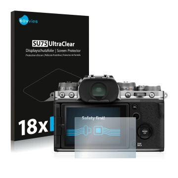 Vorderseite einer Produktverpackung mit dem Markenlogo Savvies. Daneben ist das Gerät Fujifilm X-T4 mit dem zugehörigen Displa