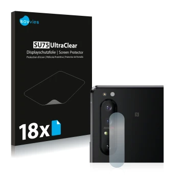 Vorderseite einer Produktverpackung mit dem Markenlogo Savvies. Daneben ist das Gerät Sony Xperia 1 II (NUR Kameraschutz) mit 