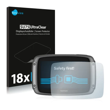 Vorderseite einer Produktverpackung mit dem Markenlogo Savvies. Daneben ist das Gerät TomTom Rider 50 mit dem zugehörigen Disp