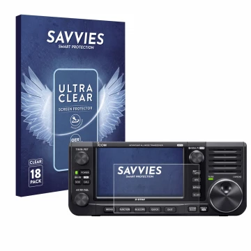 Vorderseite einer Produktverpackung mit dem Markenlogo Savvies. Daneben ist das Gerät Icom IC-705 mit dem zugehörigen Displays